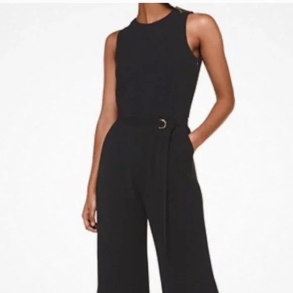 Michael Kors Black Cropped Jumpsuit with Gold Zipper on one Shoulder-Size 8